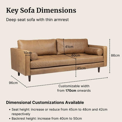 Brown Castle faux leather sofa with dimensions labeled on a beige background