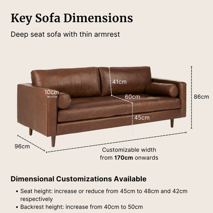 Dark brown Castle faux leather sofa with dimensions labeled on a beige background