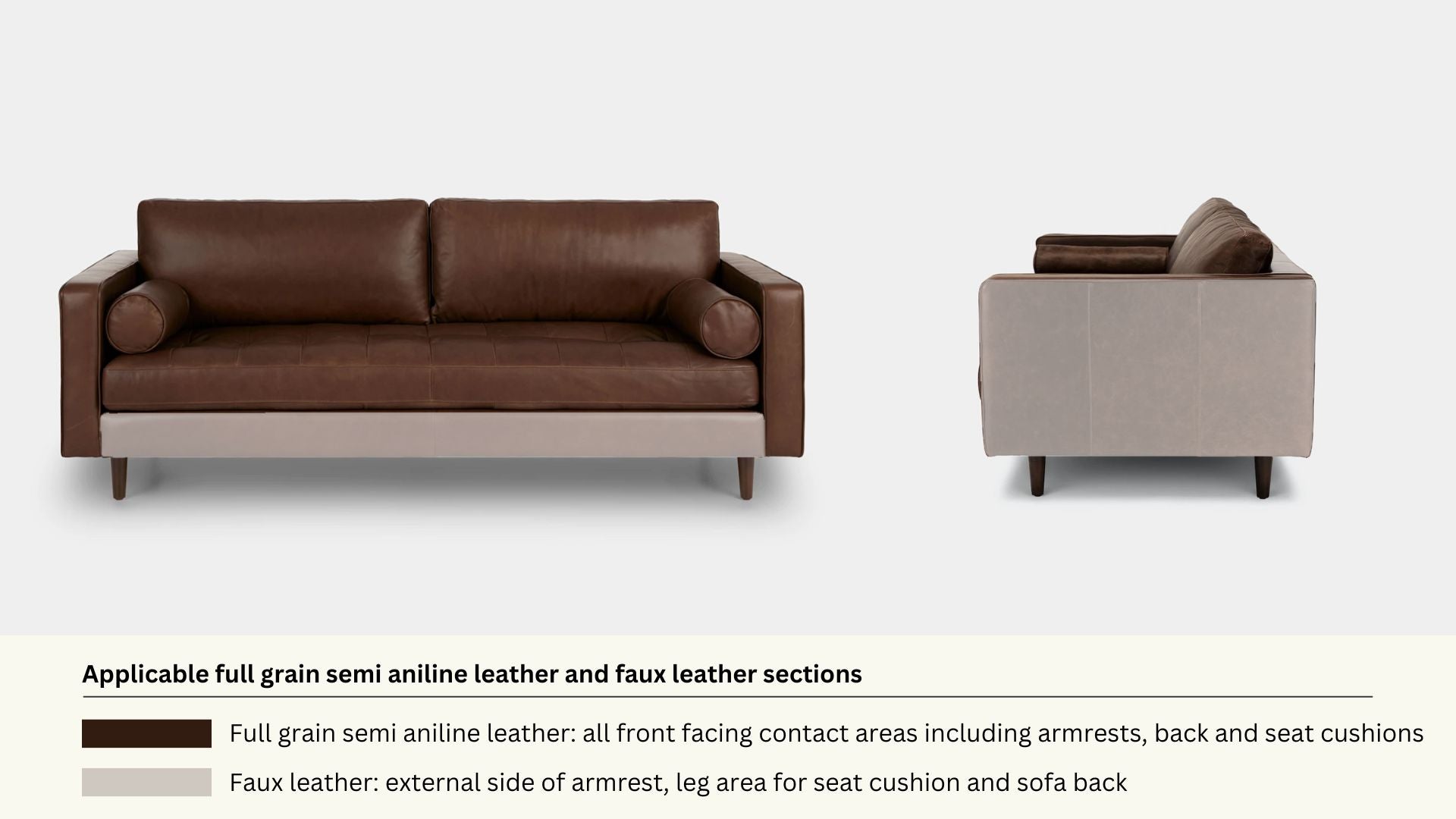 Faux leather and real leather components within a half leather sofa