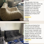 Two images of a white and black Caterpillar chair with customer reviews displayed.