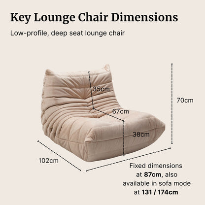 Beige lounge chair with dimensions labeled on a white background
