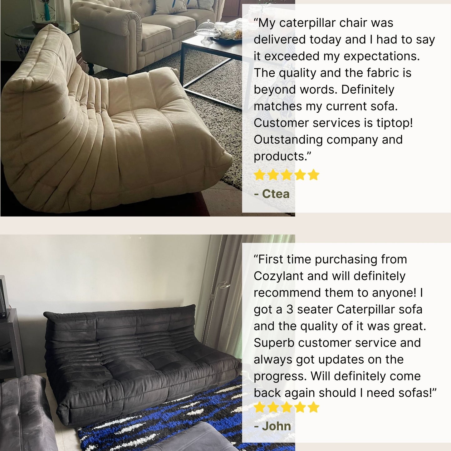 Two images of Caterpillar sofa and lounge chair respectively with customer reviews displayed.