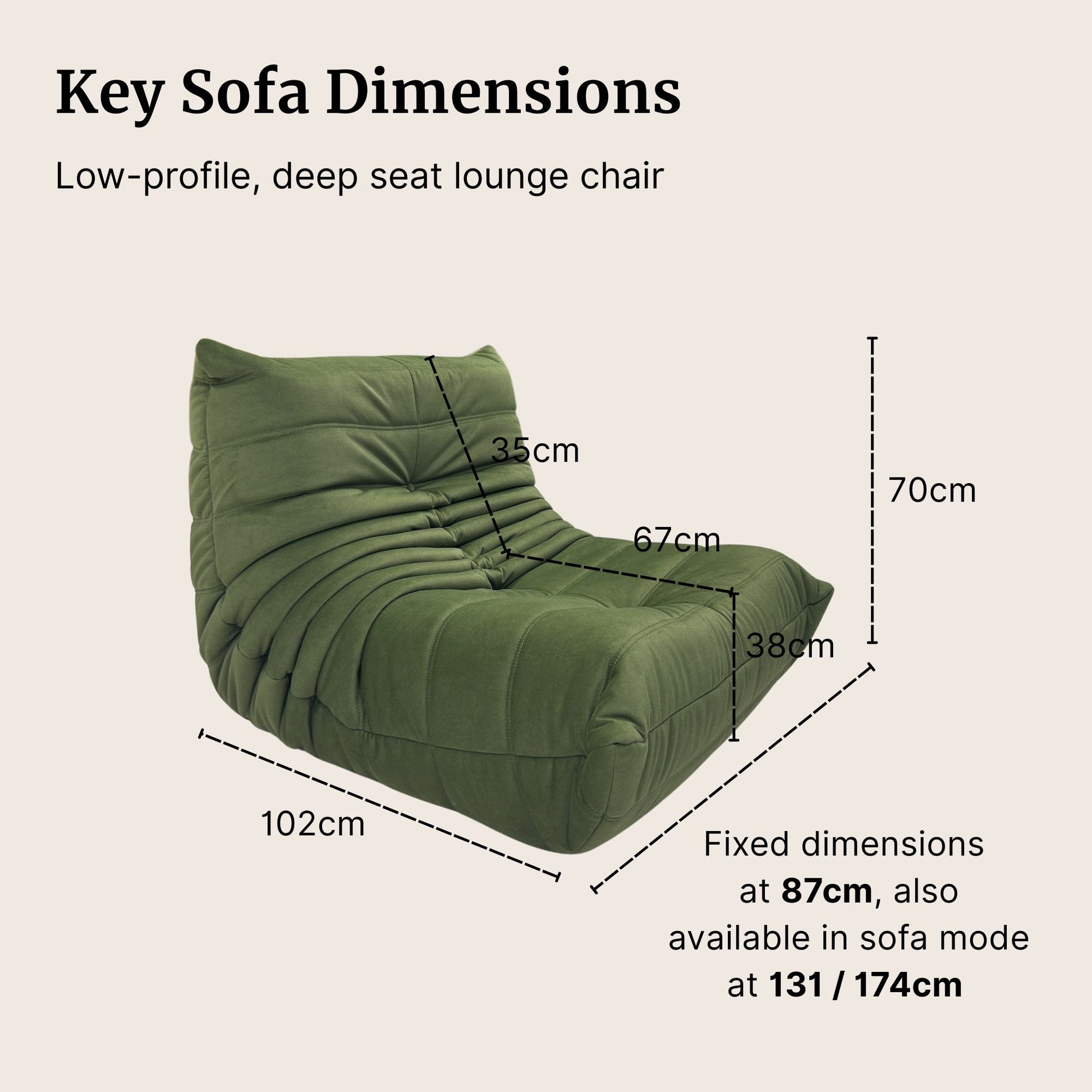 Green lounge chair with dimensions on a beige background