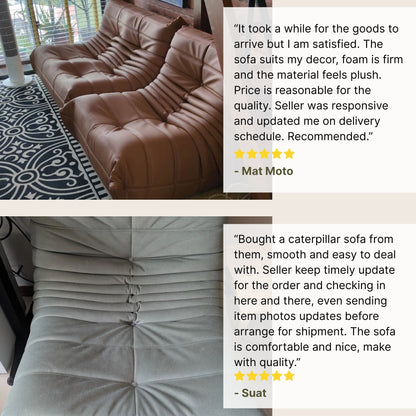 2 Caterpillar lounge chair and 1 Caterpillar sofa with customer reviews text overlay