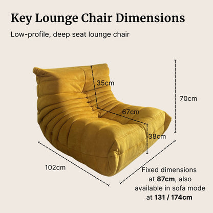 Yellow lounge chair with dimensions labeled on a beige background