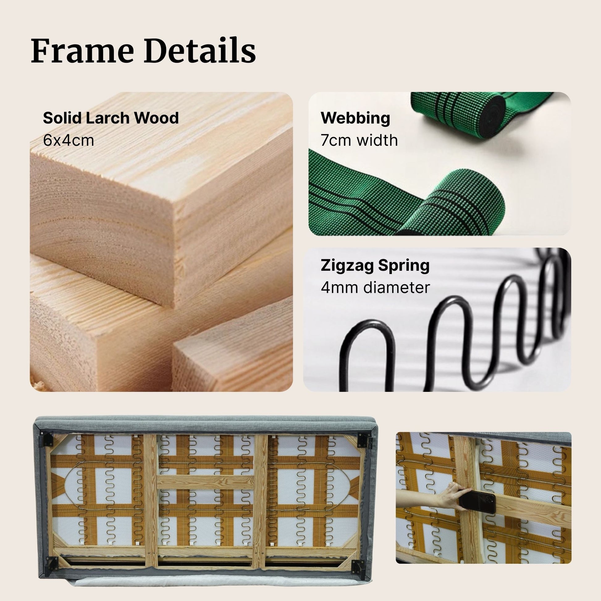 Frame details with solid larch wood, webbing, zigzag spring