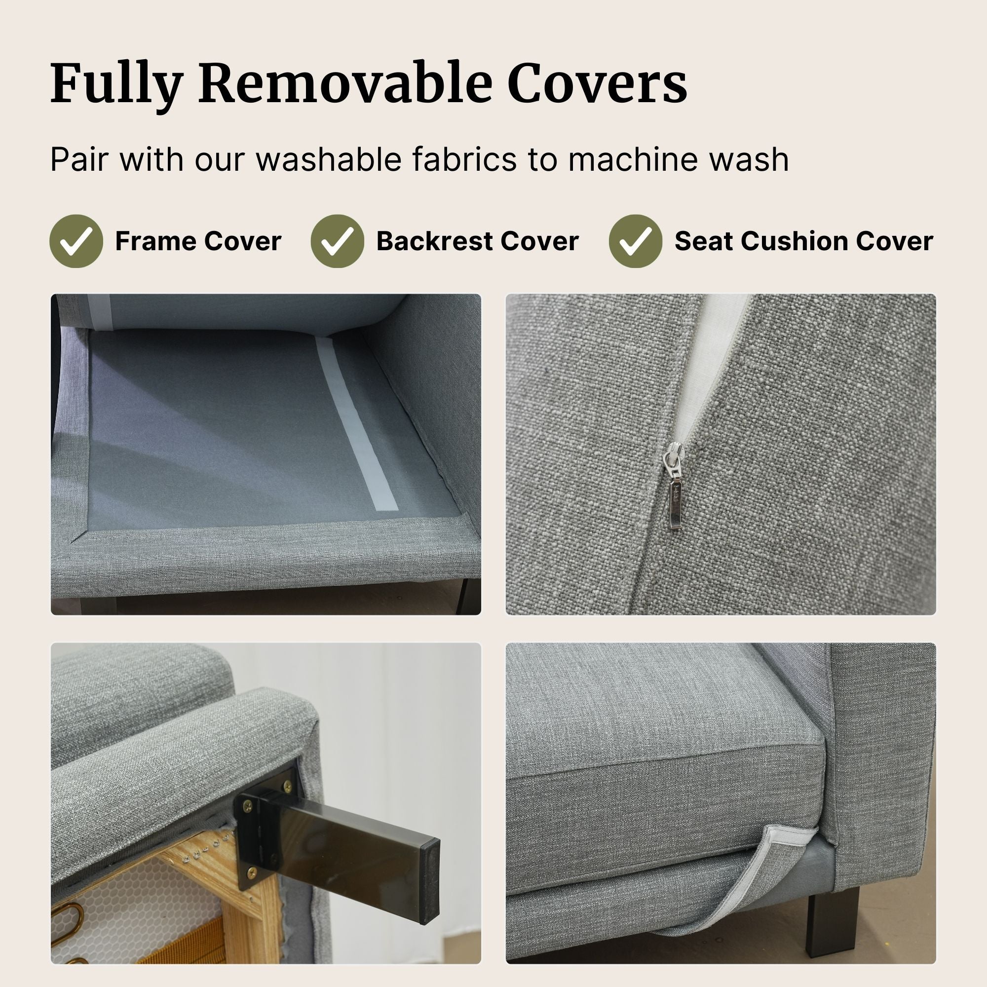 Fully removable covers feature, including the components of Cedar fabric armless sofa that are removable with pictorial illustration