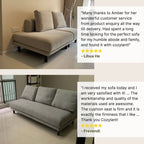 Two actual delivered Cedar fabric sofa in grey with customer reviews displayed.
