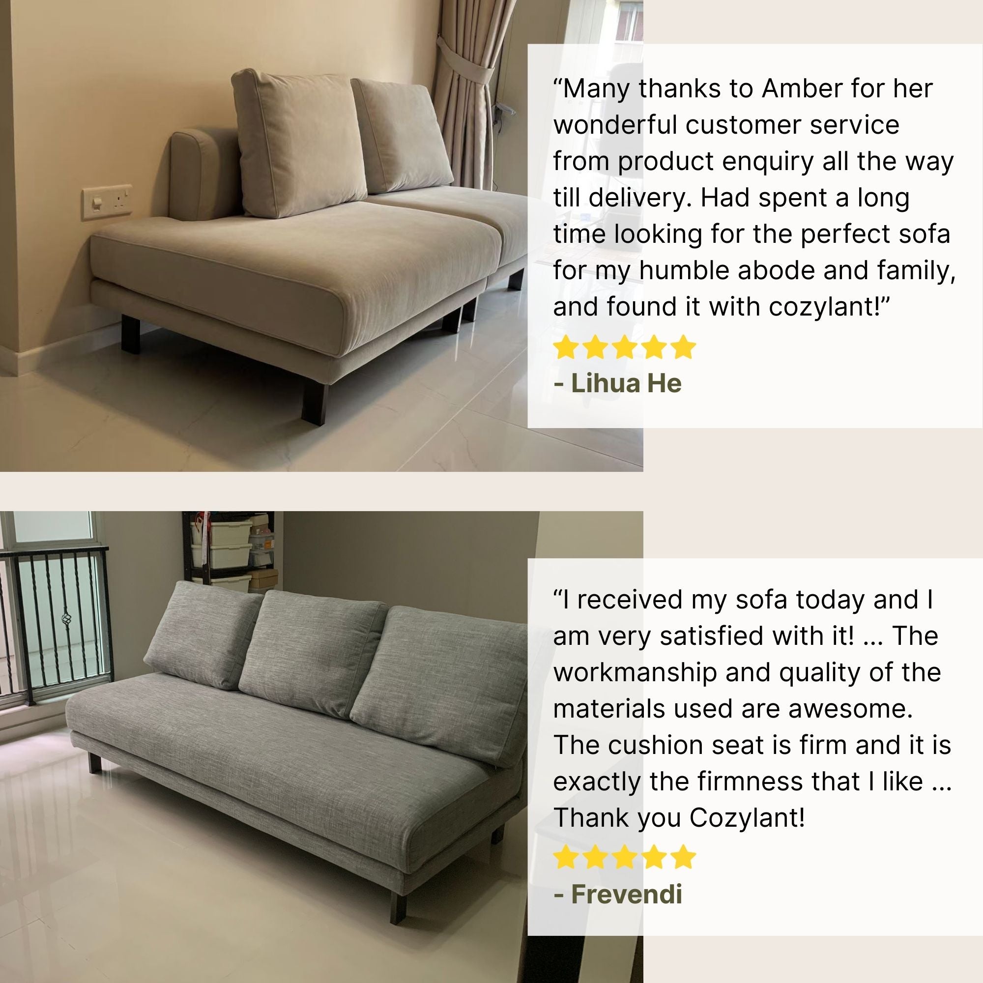 Two actual delivered Cedar fabric sofa in grey with customer reviews displayed.