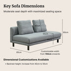 Gray sofa with dimensions labeled on a beige background
