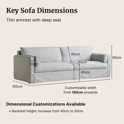 Gray sofa with dimensions labeled on a beige background