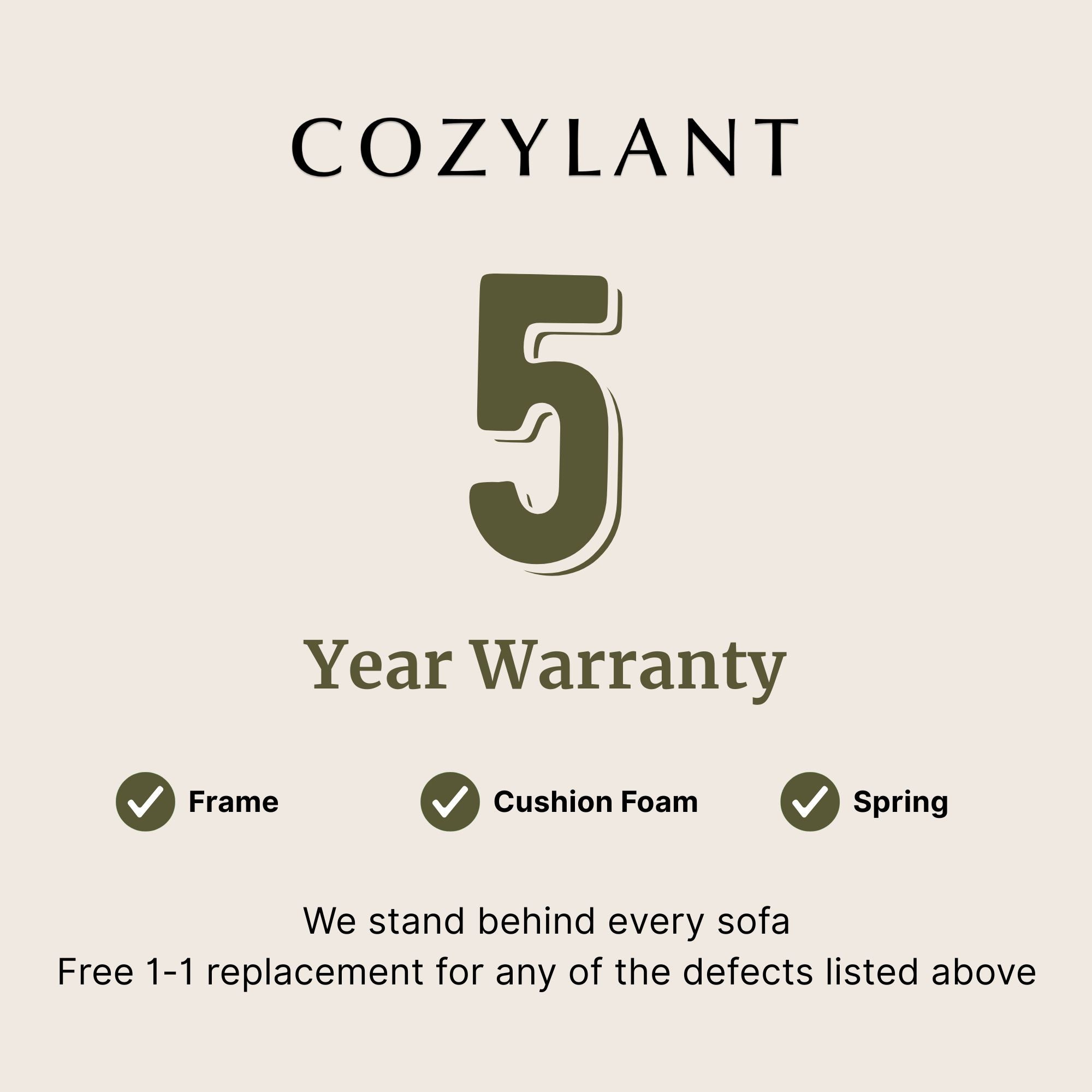 Cozylant 5-year warranty graphic with a beige background