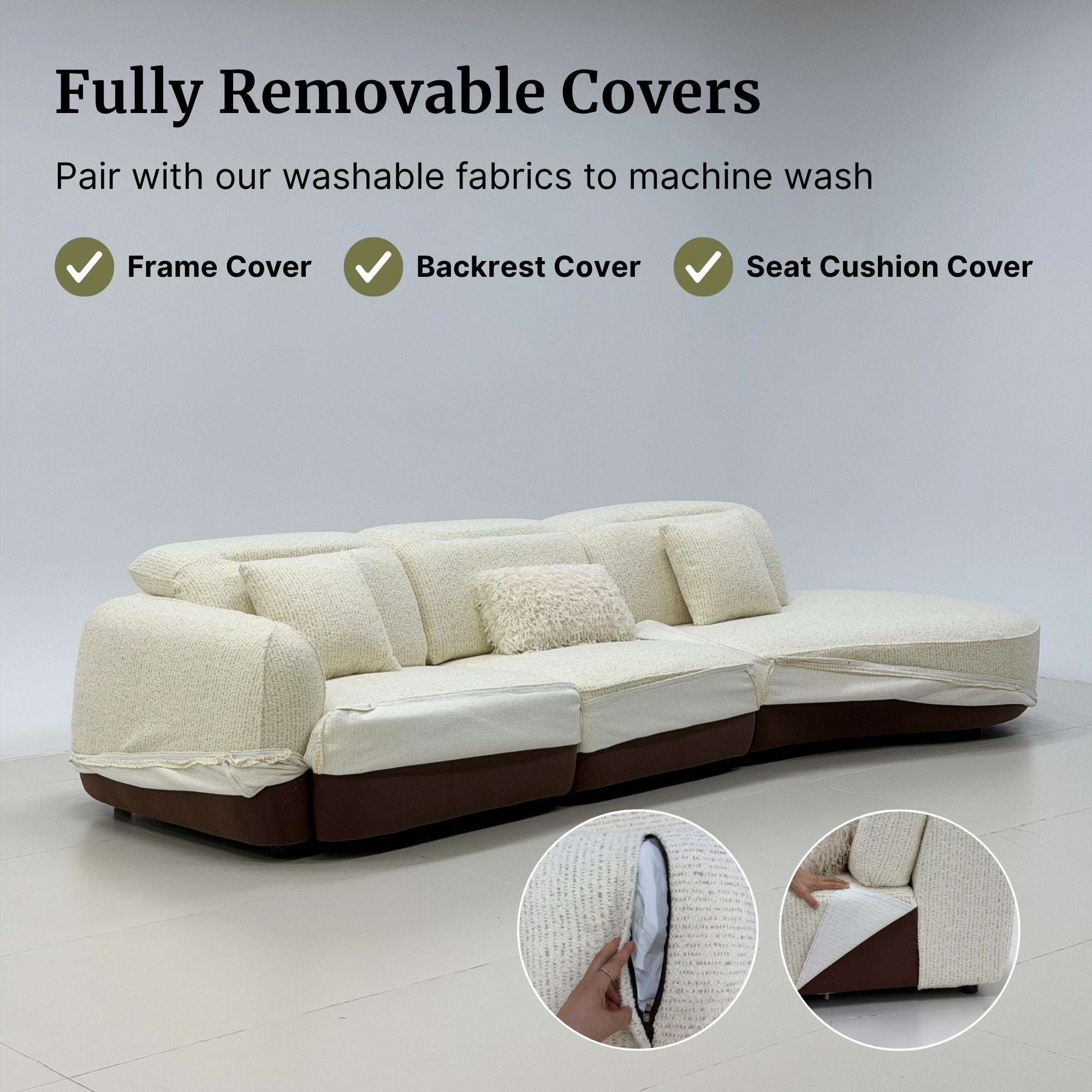 A curved sectional sofa with cream-colored removable fabric covers and a dark brown base, shown on a light gray studio background with marketing text about washable covers and two circular inset detail photos.