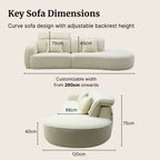 Key Sofa Dimensions diagram showing a curved upholstered sofa with labeled measurements including 70cm, 45cm, 66cm, 40cm, 75cm, and 120cm on a light beige background.