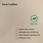 Beige faux leather with Intertek certification and product specifications on a beige background