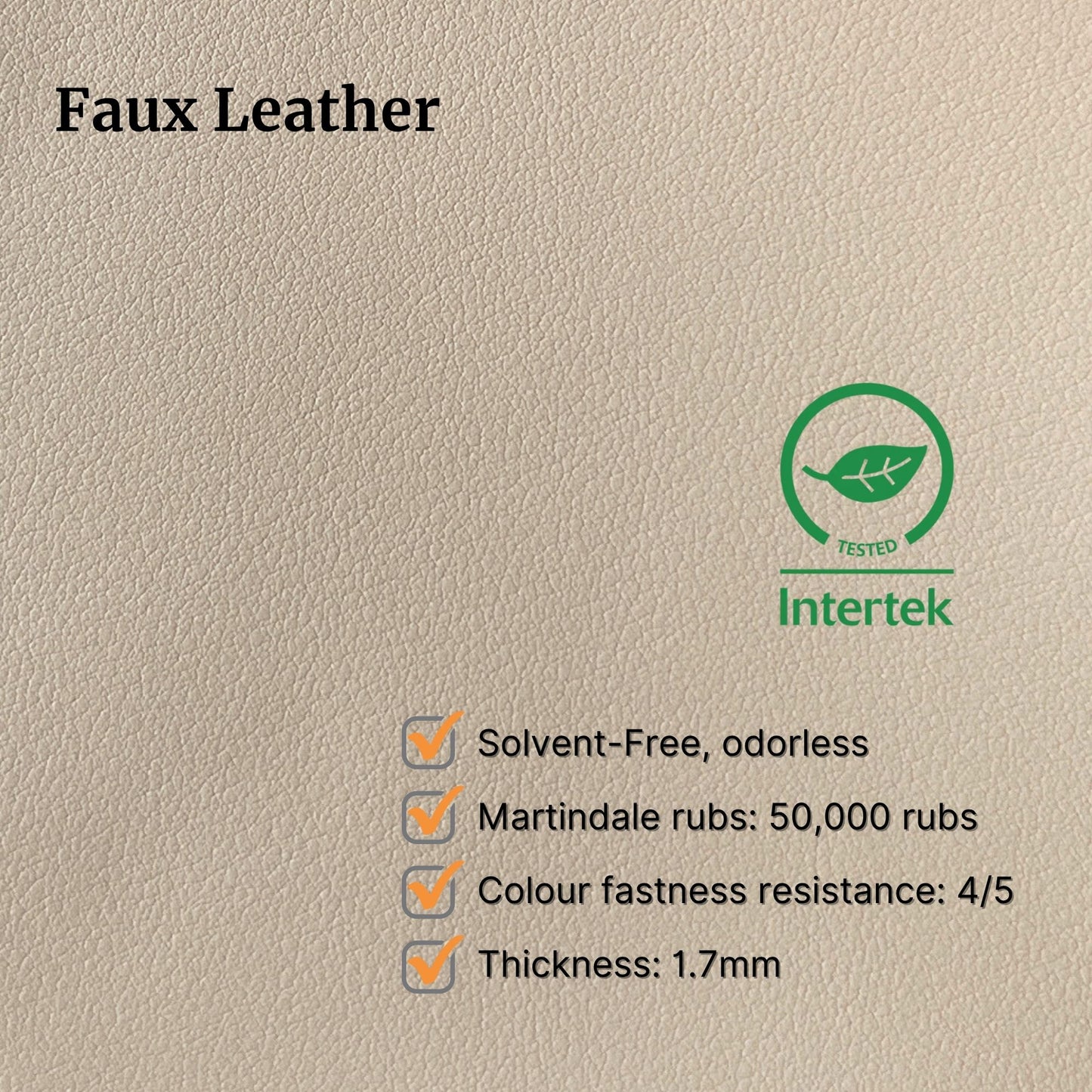 Beige faux leather with Intertek certification and product specifications on a beige background