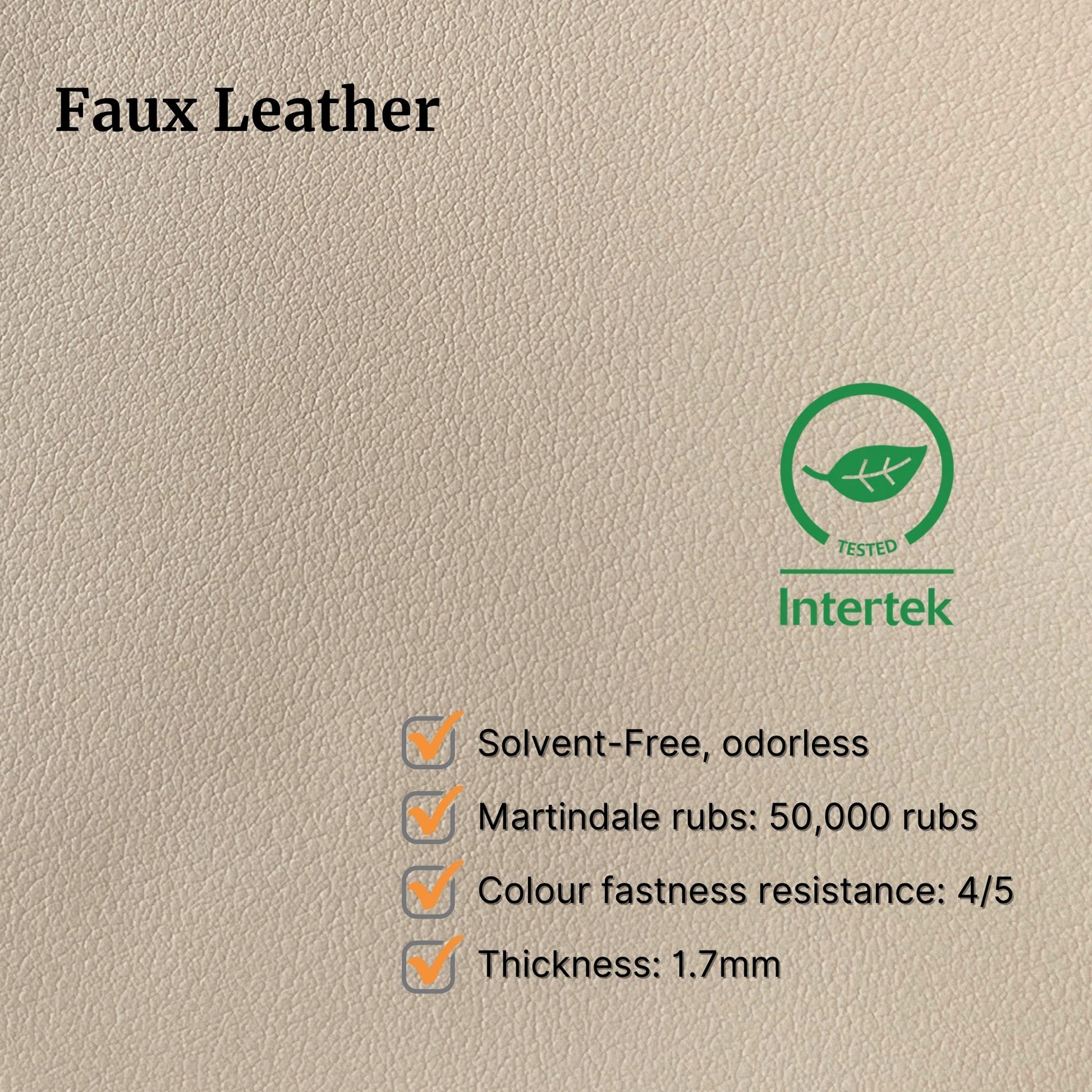 Beige faux leather with Intertek certification and product specifications on a beige background