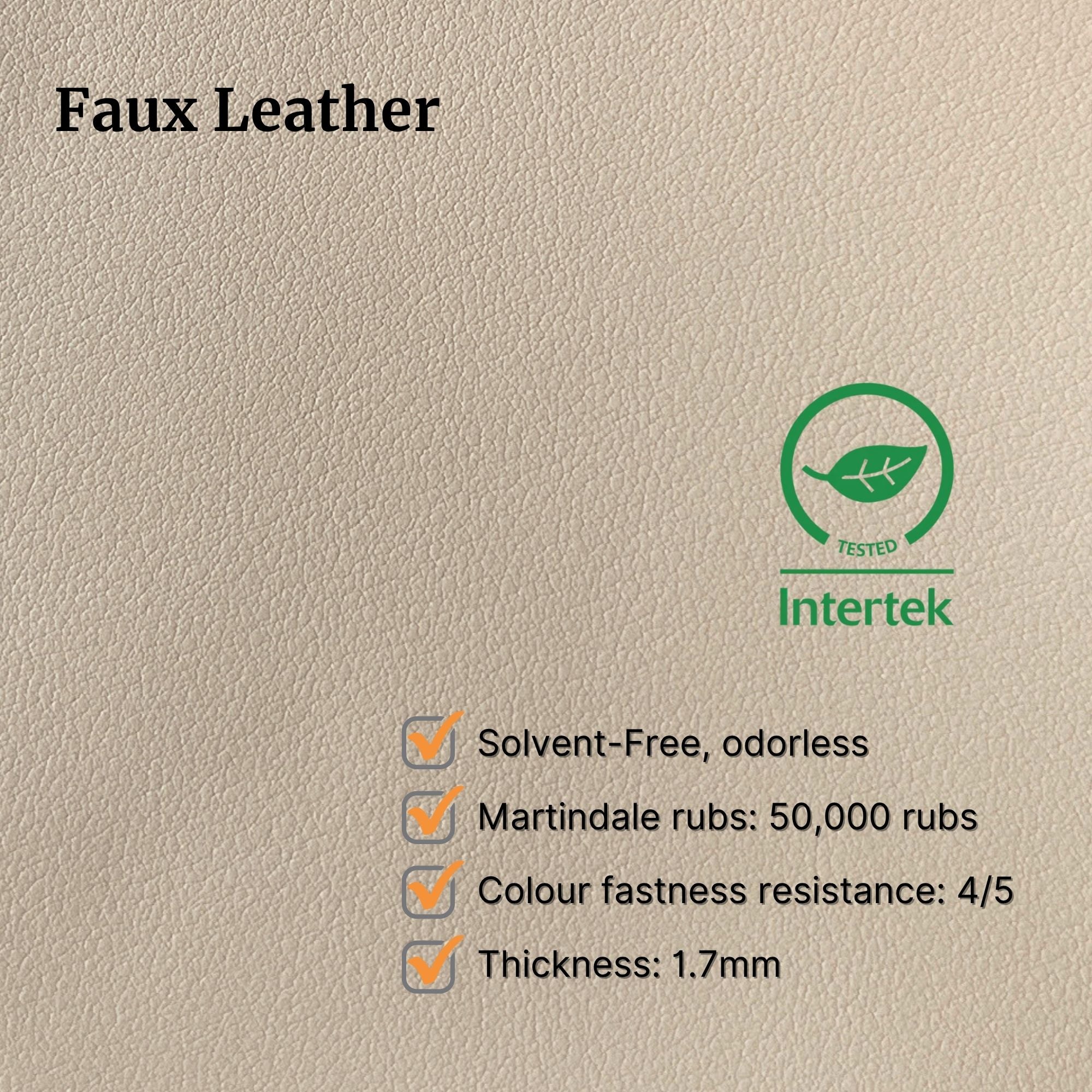 Beige faux leather with Intertek certification and product specifications on a beige background