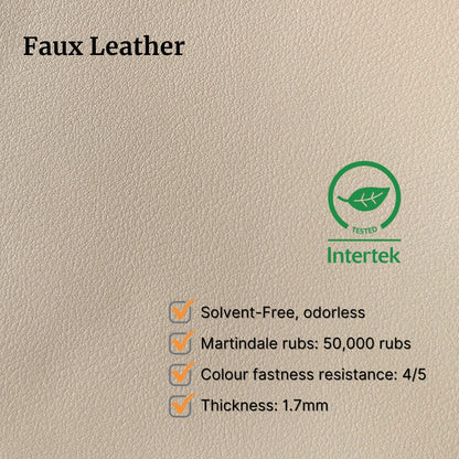 Beige faux leather with Intertek certification and product specifications on a beige background