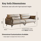 Beige sofa with dimensions labeled on a beige background
