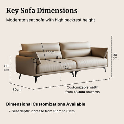 Beige sofa with dimensions labeled on a beige background