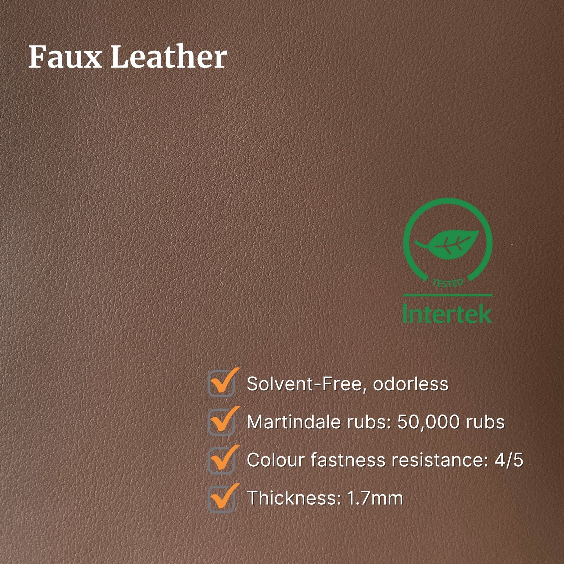 Brown faux leather sample with Intertek certification and product features on a brown background