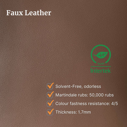 Brown faux leather sample with Intertek certification and product features on a brown background