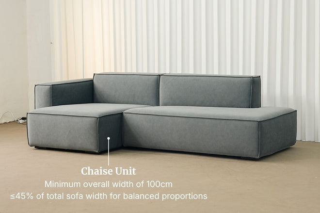 Example of a chaise unit used in Cubix sectional one arm sofa in grey pet friendly fabric