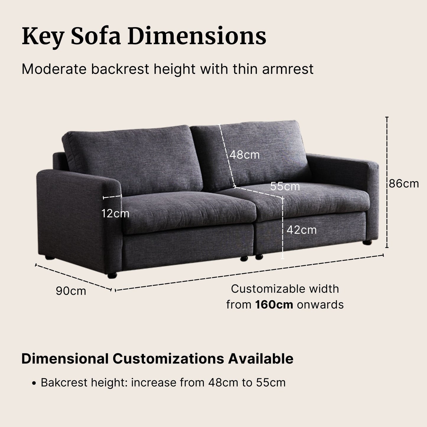 Gray sofa with dimensions labeled on a beige background