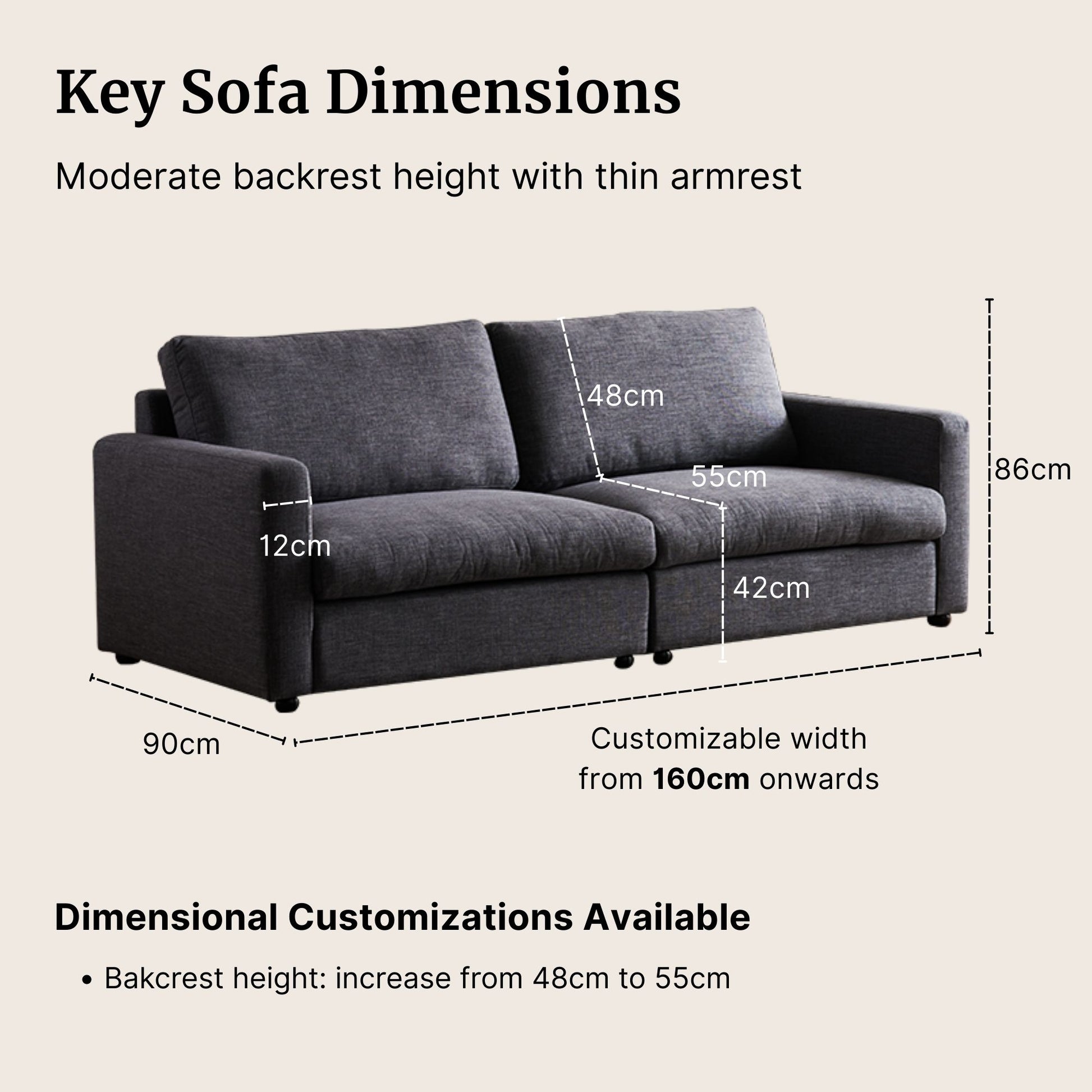 Gray sofa with dimensions labeled on a beige background