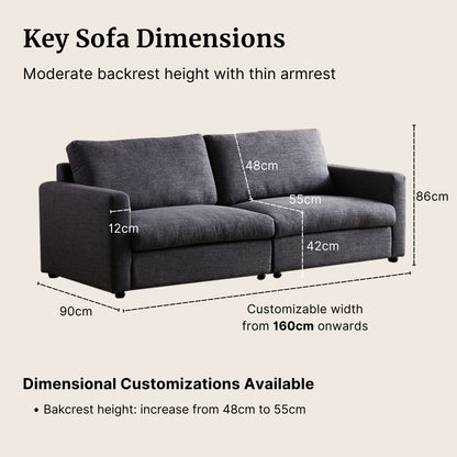 Gray sofa with dimensions labeled on a beige background