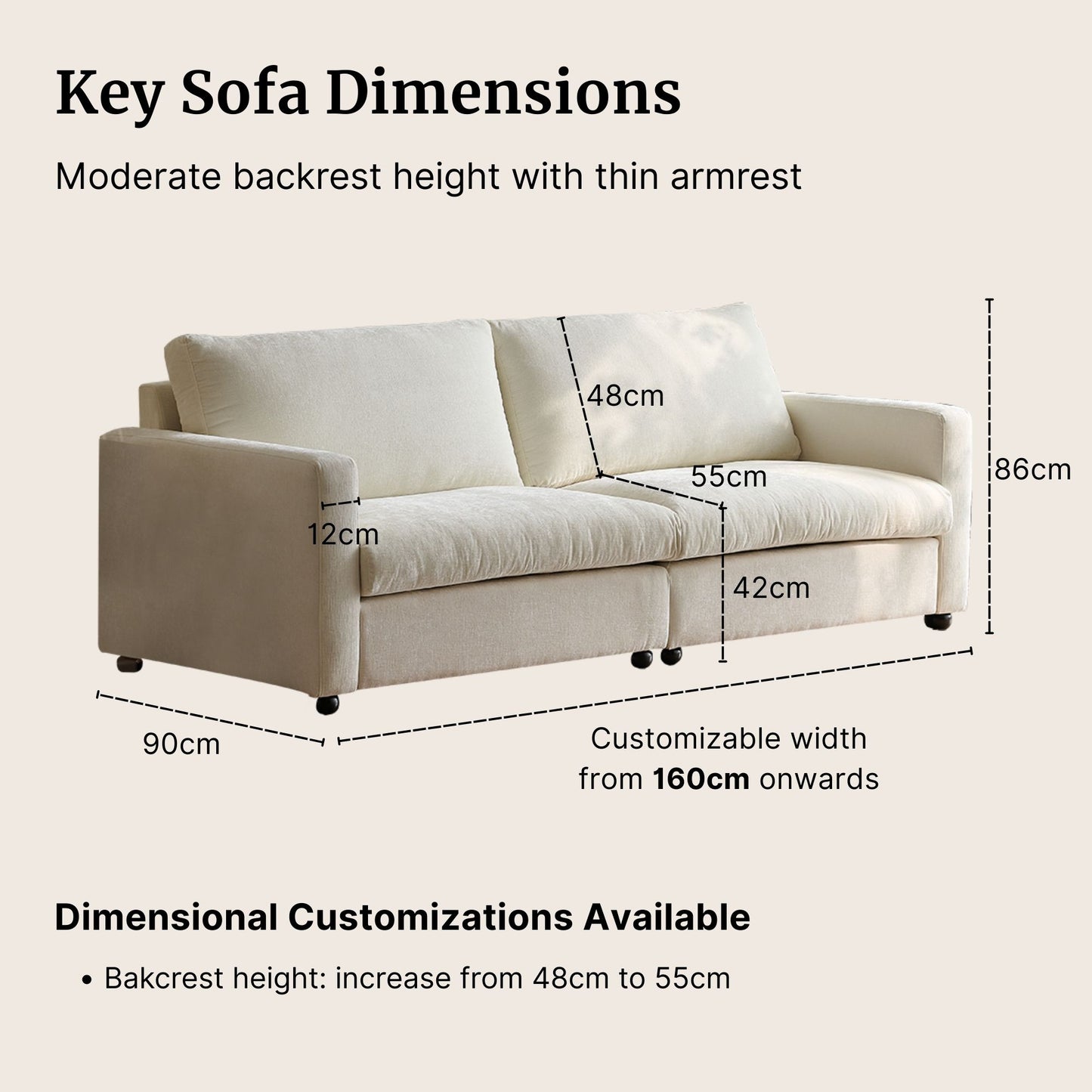 White sofa with dimensions labeled on a beige background