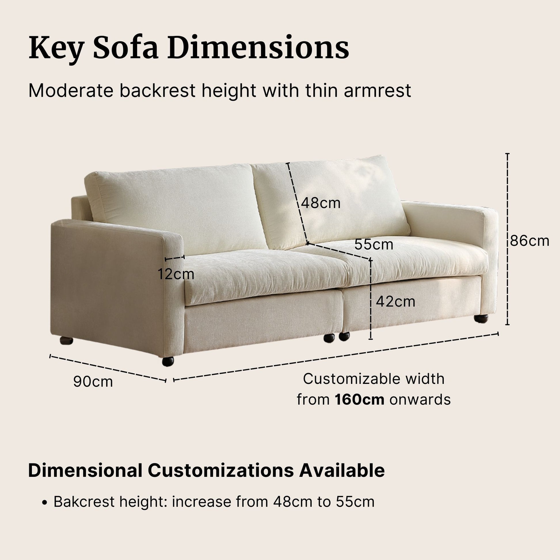 White sofa with dimensions labeled on a beige background