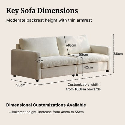 White sofa with dimensions labeled on a beige background