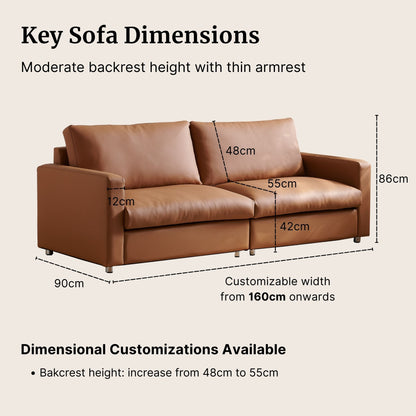 Brown sofa with dimensions labeled on a beige background
