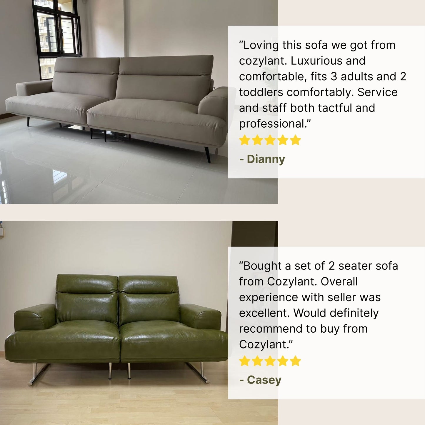 Gray sofa in a room with a white floor and a green sofa in another room with wooden flooring, featuring customer reviews.