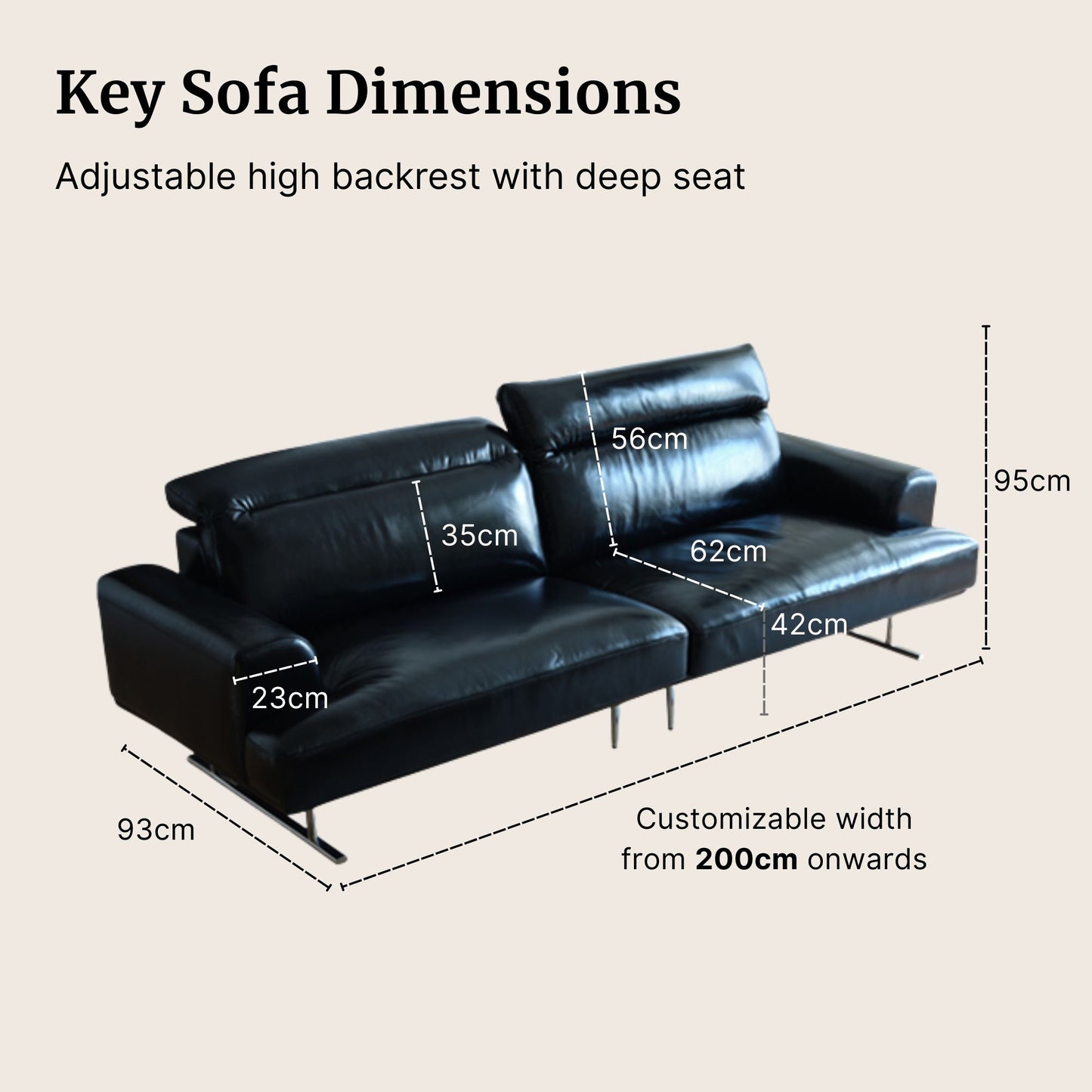 Black sofa with dimensions labeled on a beige background