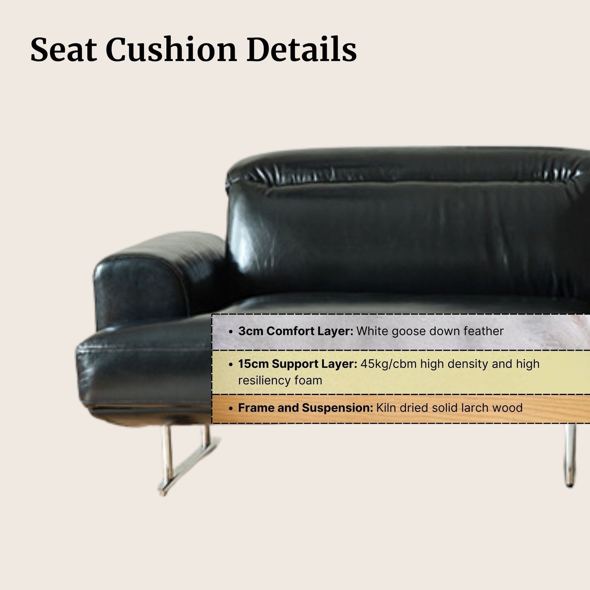 Black leather sofa with seat cushion details on a beige background