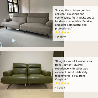 Gray sofa in a room with a white floor and a green sofa in another room with wooden flooring, featuring customer reviews.