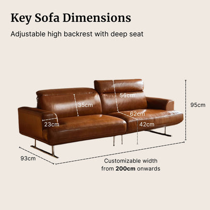 Brown sofa with dimensions labeled on a beige background