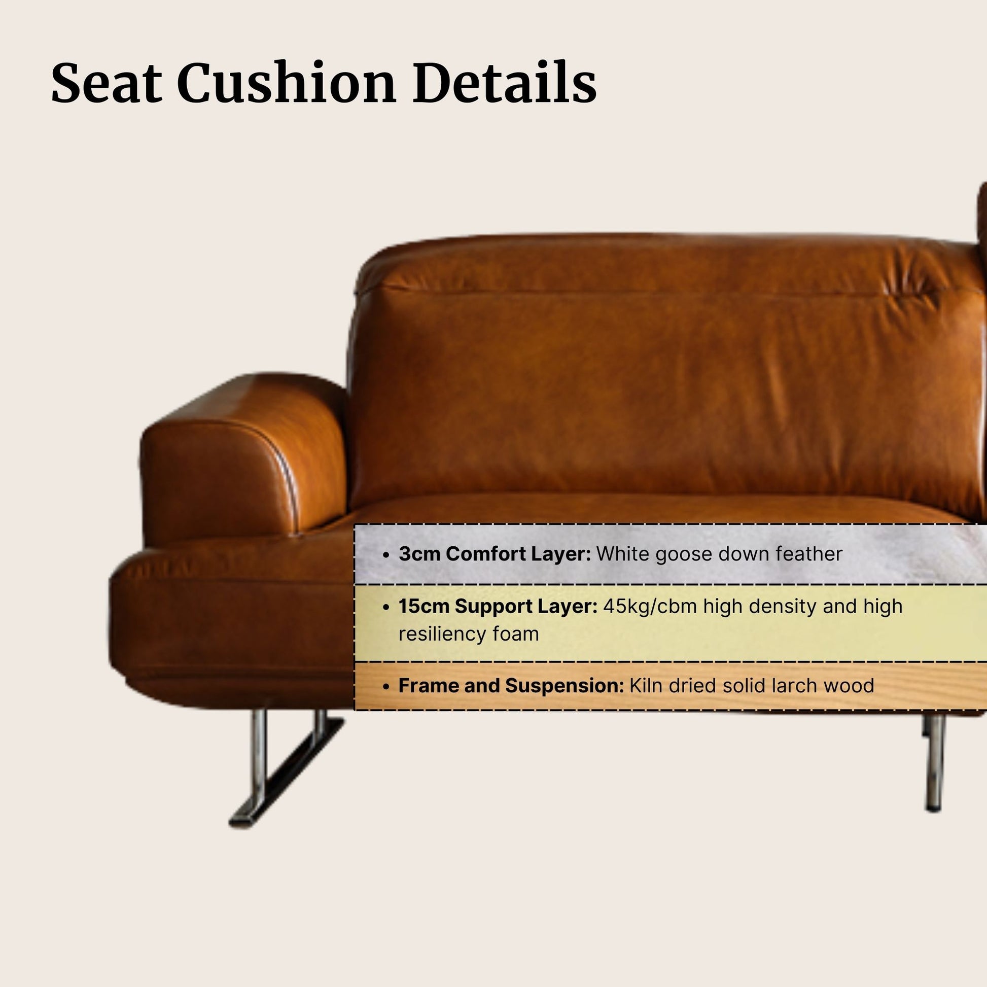 Brown leather sofa with seat cushion details on a beige background