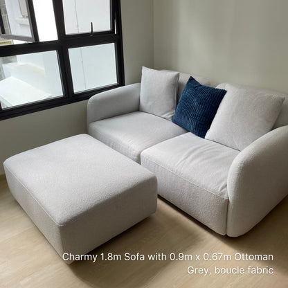 Charmy 90cm x 67cm fabric ottoman in grey boucle fabric pair with 2 seater 180cm Charmy fabric sofa delivered to our customer
