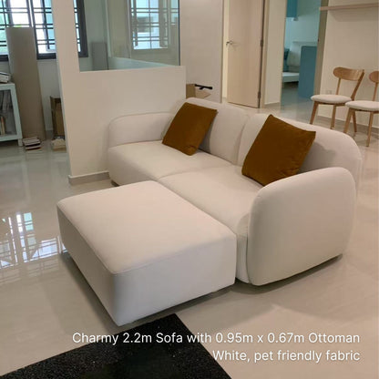 White 95cm x 67cm Charmy ottoman in white pet friendly fabric pair with a 3 seater Charmy fabric sofa in our customer's living room