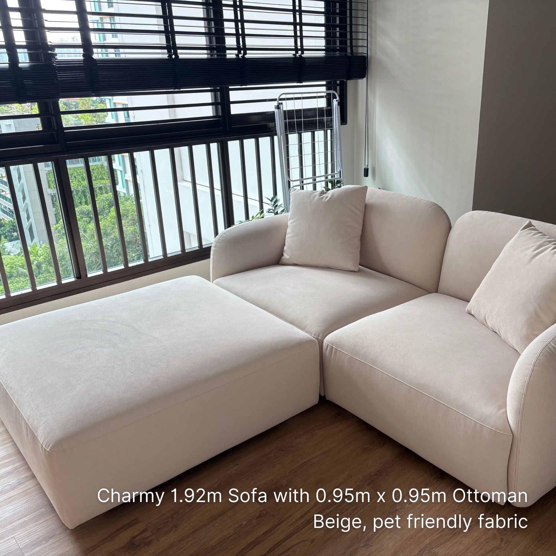 Charmy 95cm x 95cm fabric ottoman in beige pet friendly fabric pair with a 2 seater 192cm Charmy fabric sofa in our customer's living room