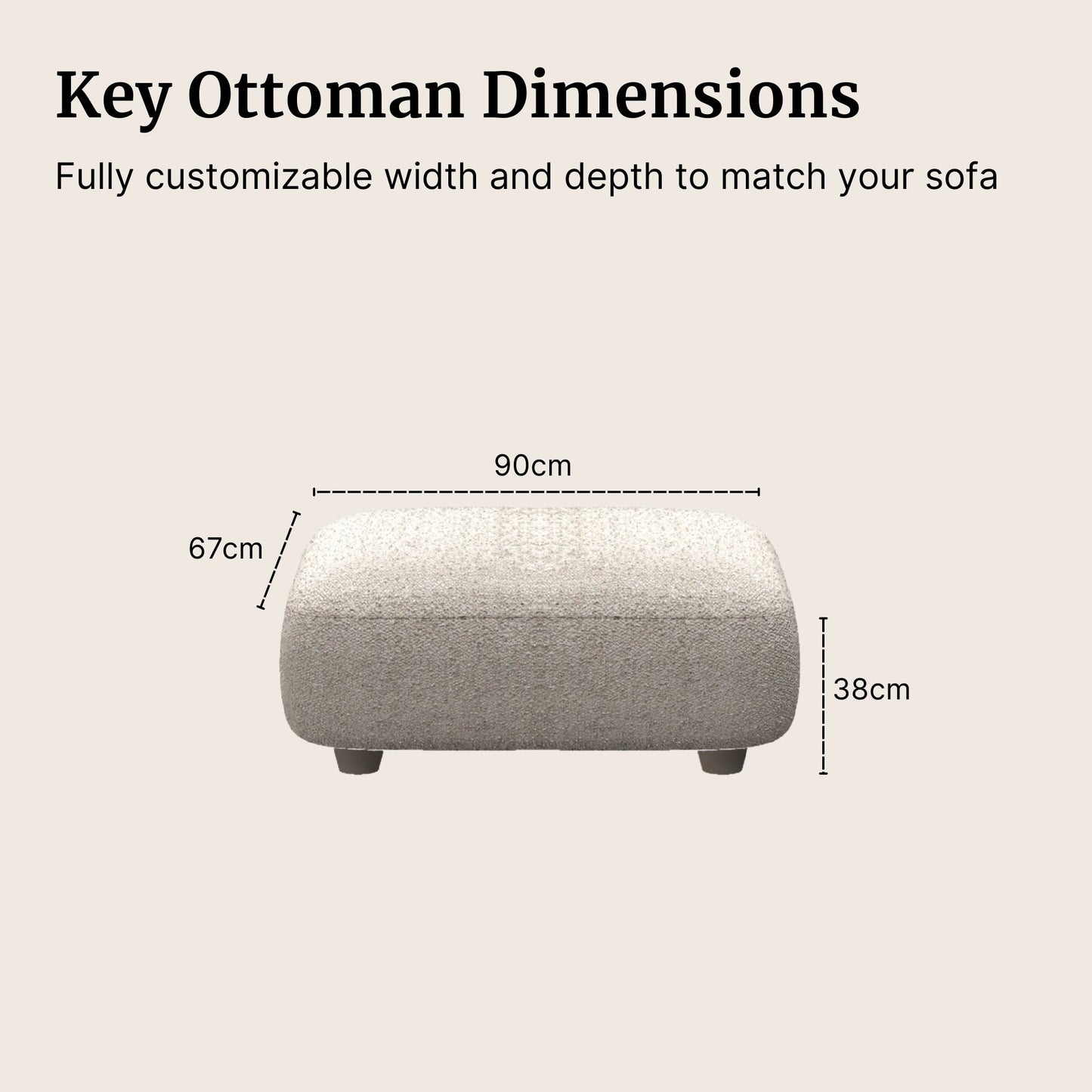 Beige Charmy Fabric Ottoman with dimensions labeled on a beige background