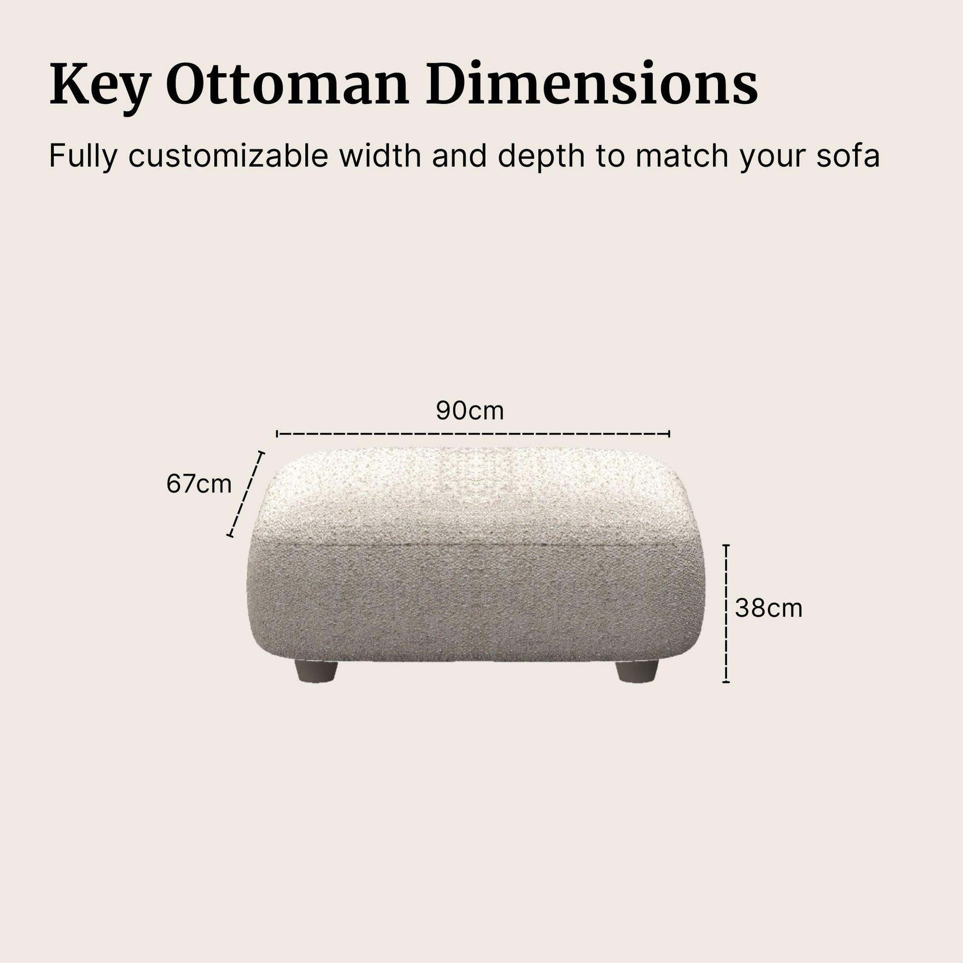 Beige Charmy Fabric Ottoman with dimensions labeled on a beige background