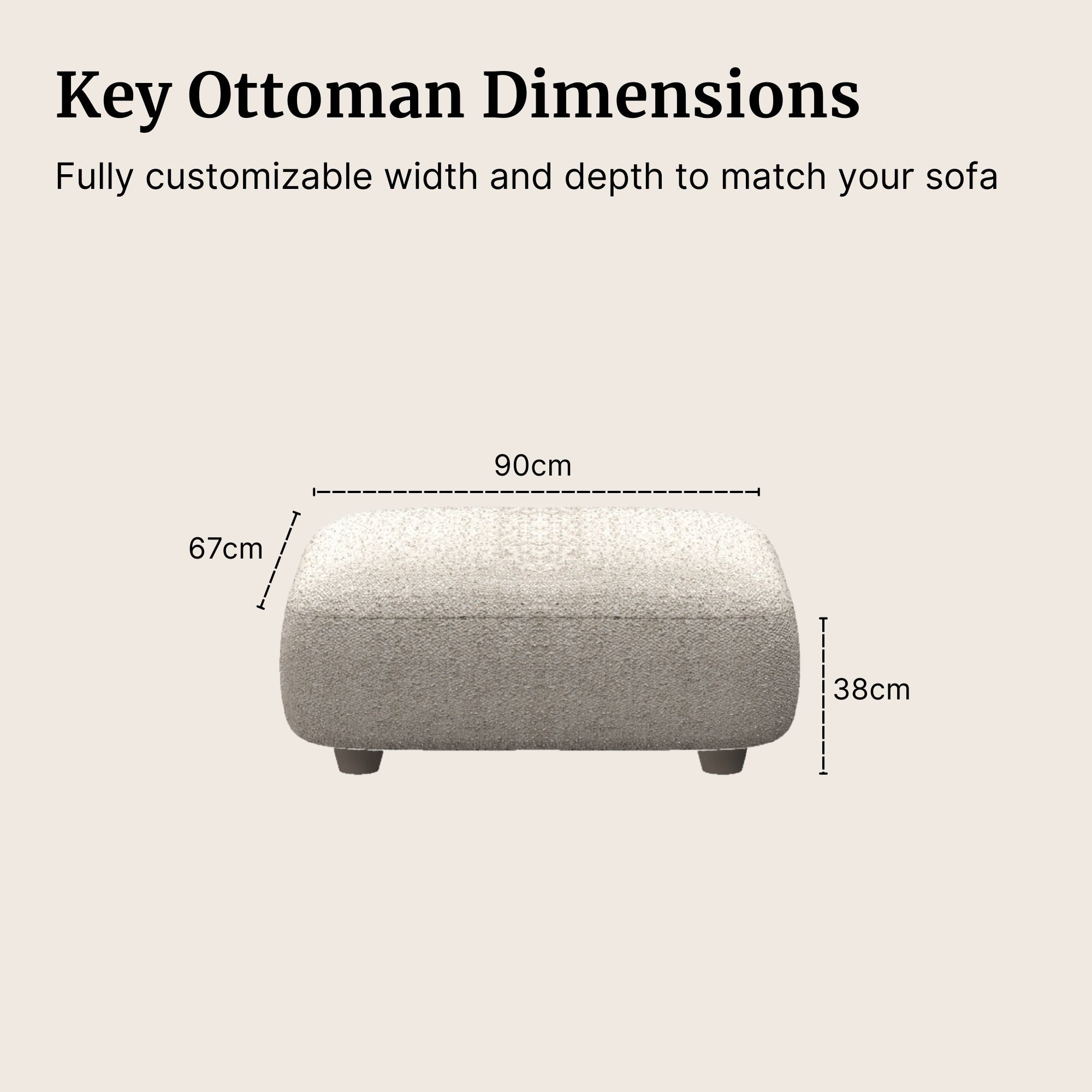 Beige Charmy Fabric Ottoman with dimensions labeled on a beige background