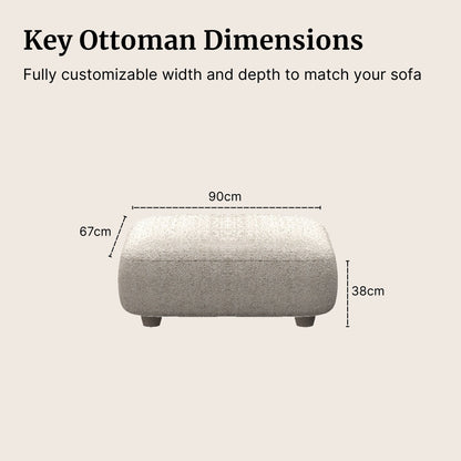 Beige Charmy Fabric Ottoman with dimensions labeled on a beige background