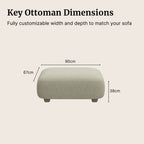Charmy fabric ottoman with dimensions labeled on a beige background