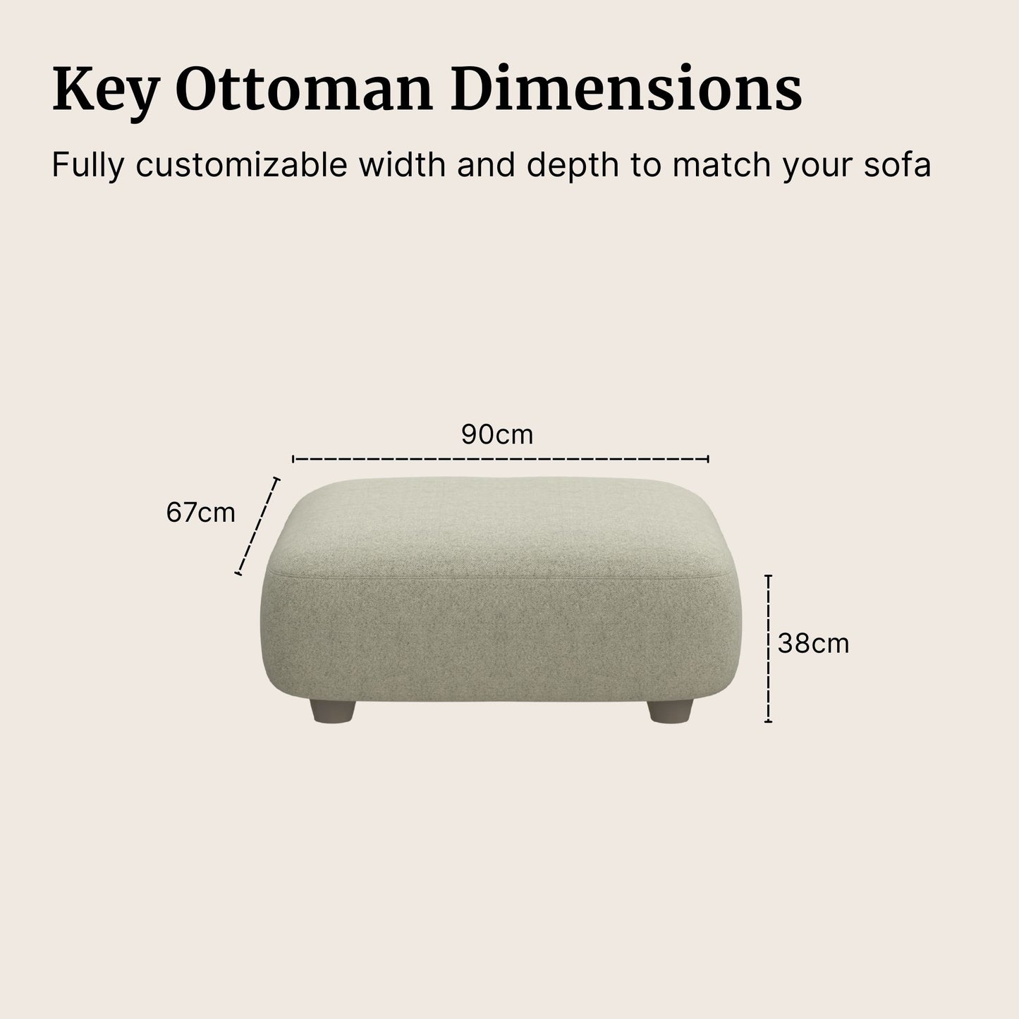 Charmy fabric ottoman with dimensions labeled on a beige background